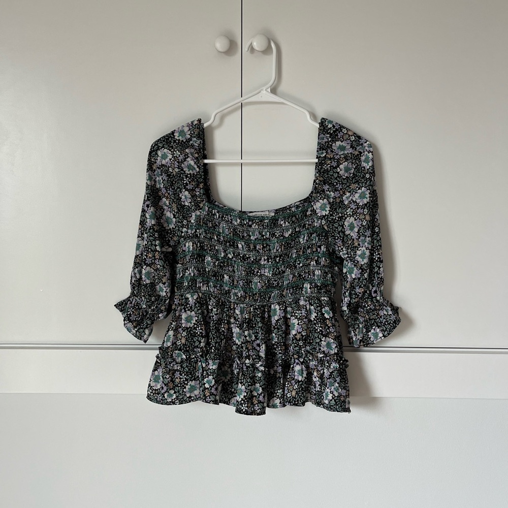 American Eagle Outfitters Black Floral Smocked Peplum Top